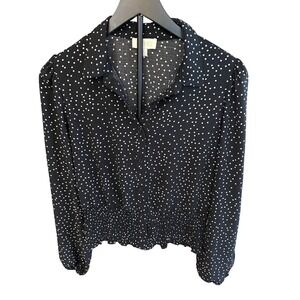 London Rose Womens Polka Dot Smocked Waist Button Down Blouse Black White Large
